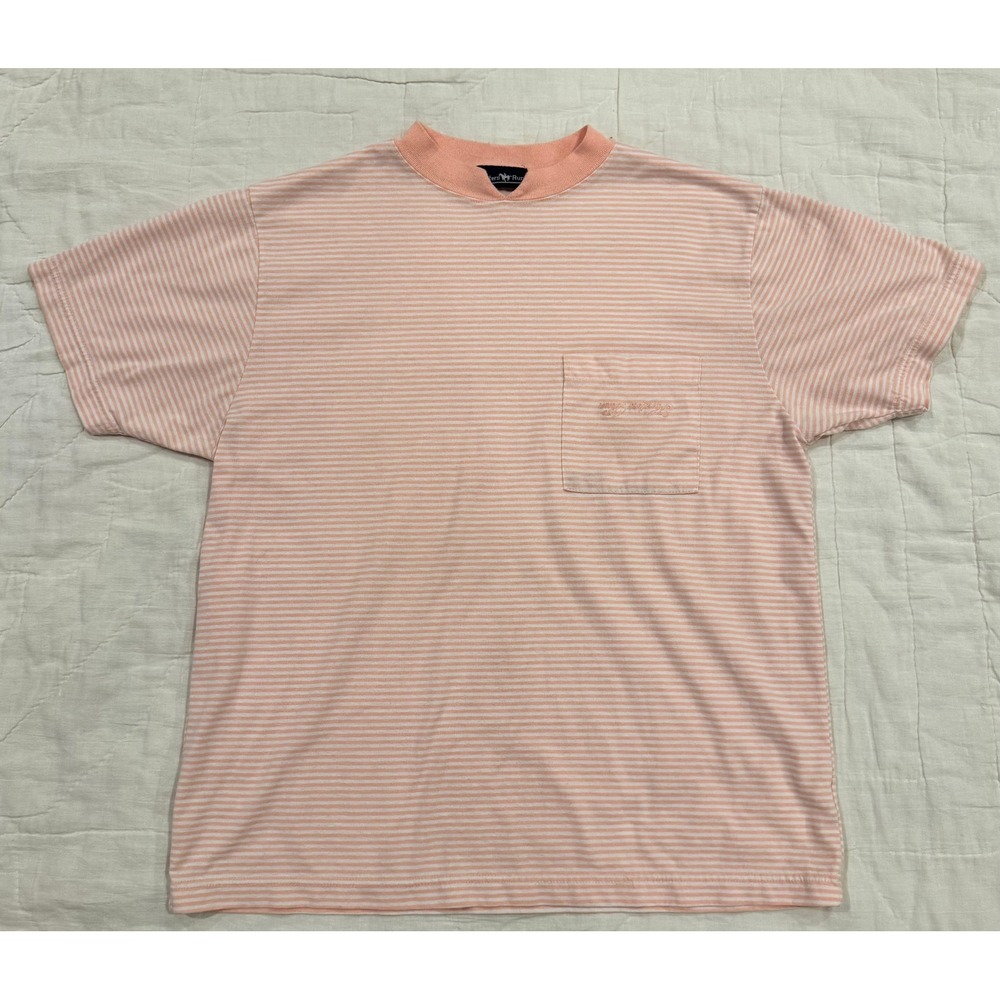 Hunters Run Vintage Peach White Striped Pocket T-Shirt Split Crew Neck Mens L